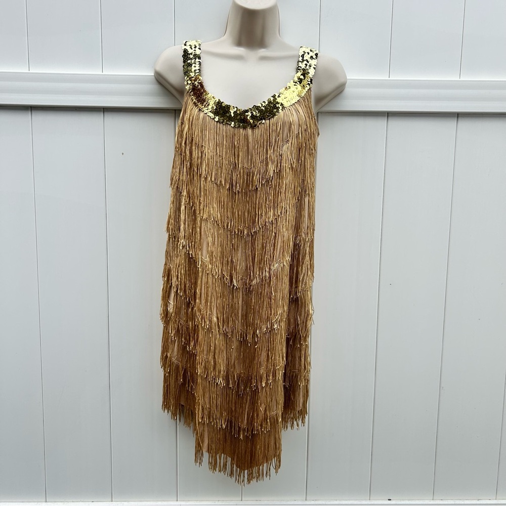 Flapper Dress 1920s Costume Old Gold w/ Gold Metallic Accent | Size Medium